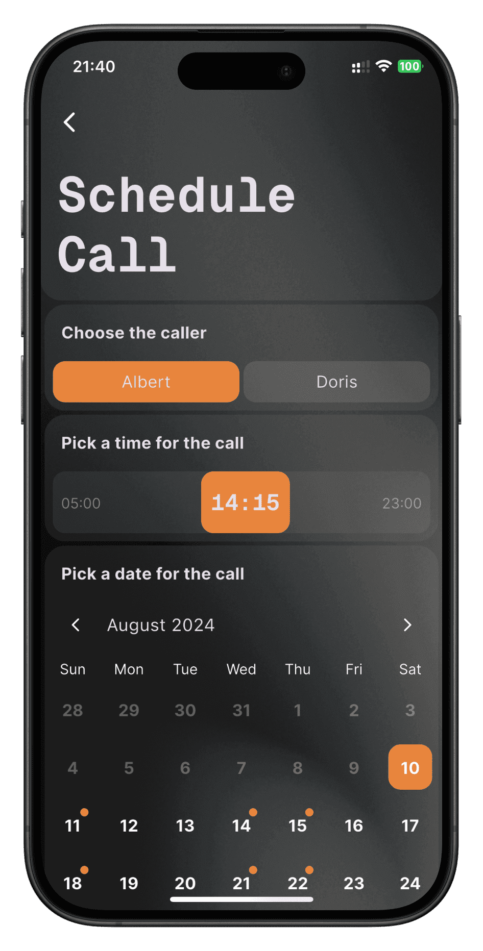 A smartphone displaying a scheduled AI-driven call interface for checking on loved ones' well-being.