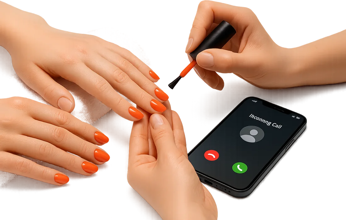 Hands having nails painted next to a ringing phone