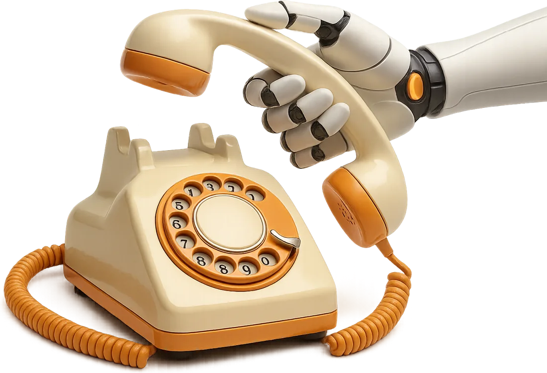 A vintage phone picked up by a robot hand